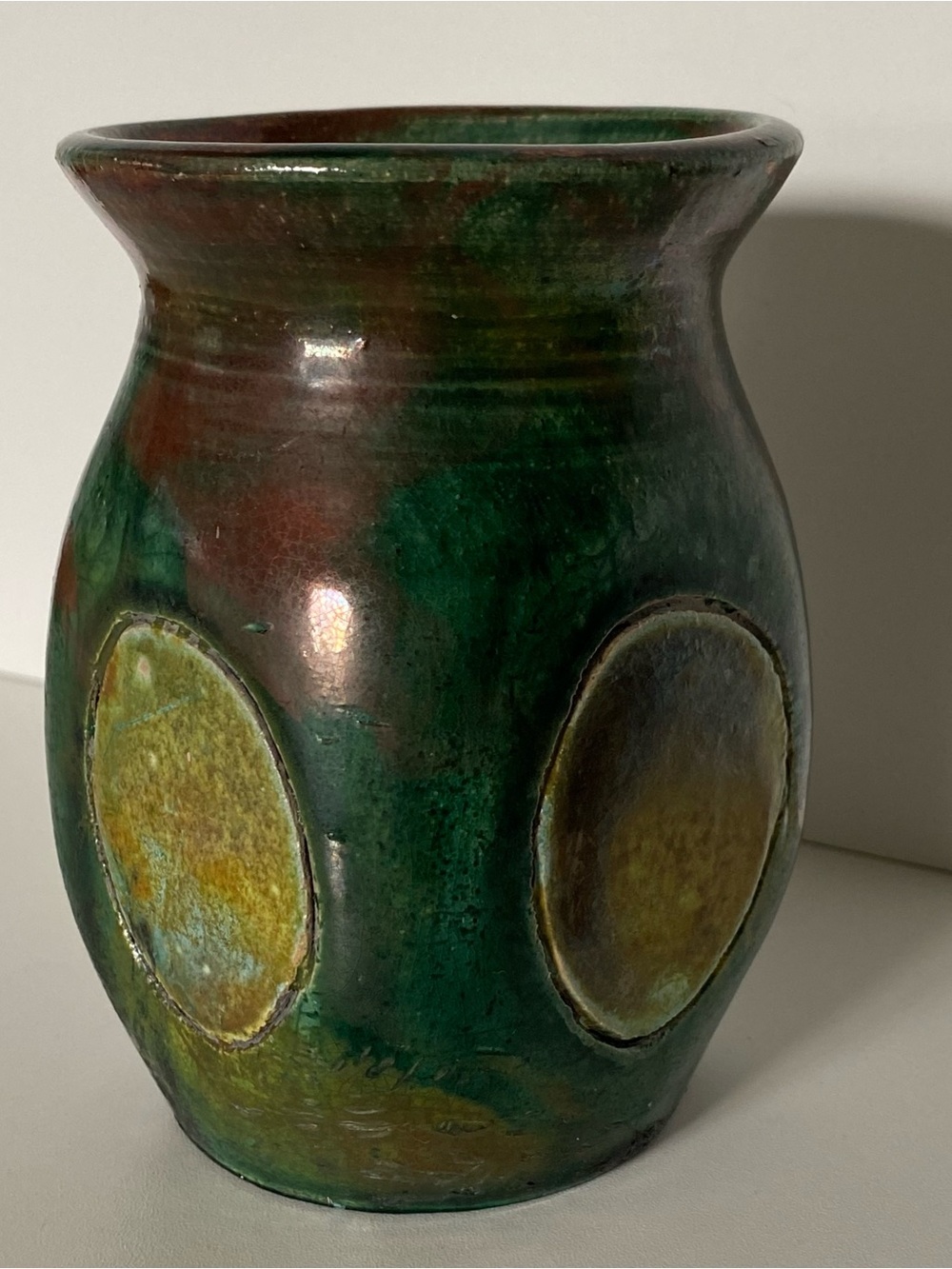 Raku Art Pottery Vase Signed Mottled Green Tones Abstract Circles 4.75” EUC